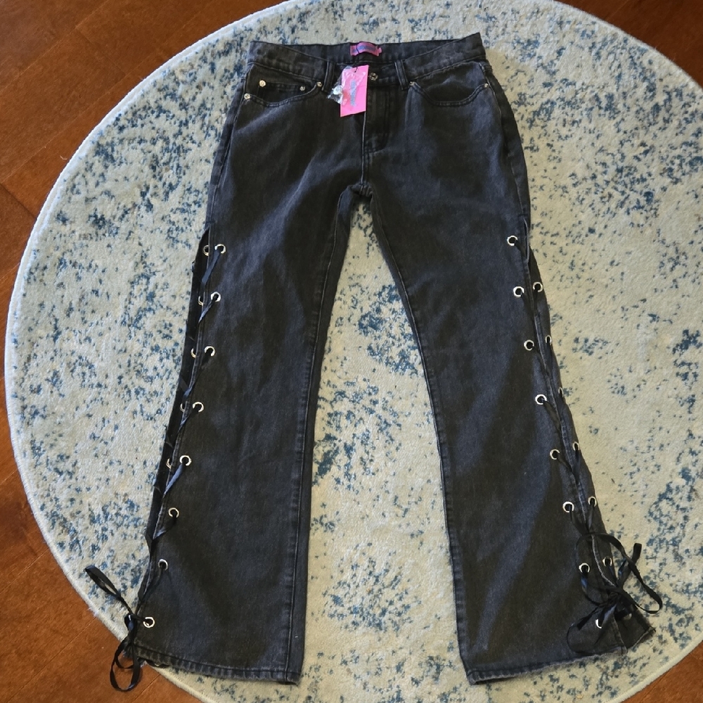 Edikted Black Flare Jeans with Lace-Up Sides